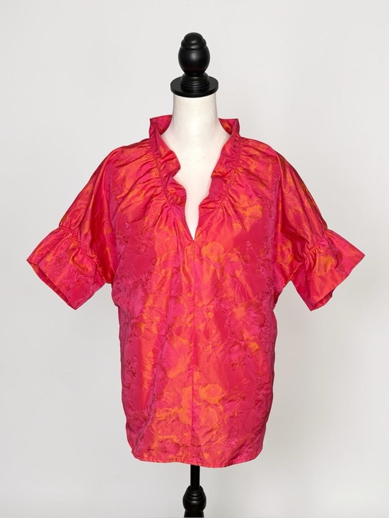 Finley Tops - Finley Crosby Top Neon Rose Floral Jacquard Ruffle Neck Blouse Pink Orange L